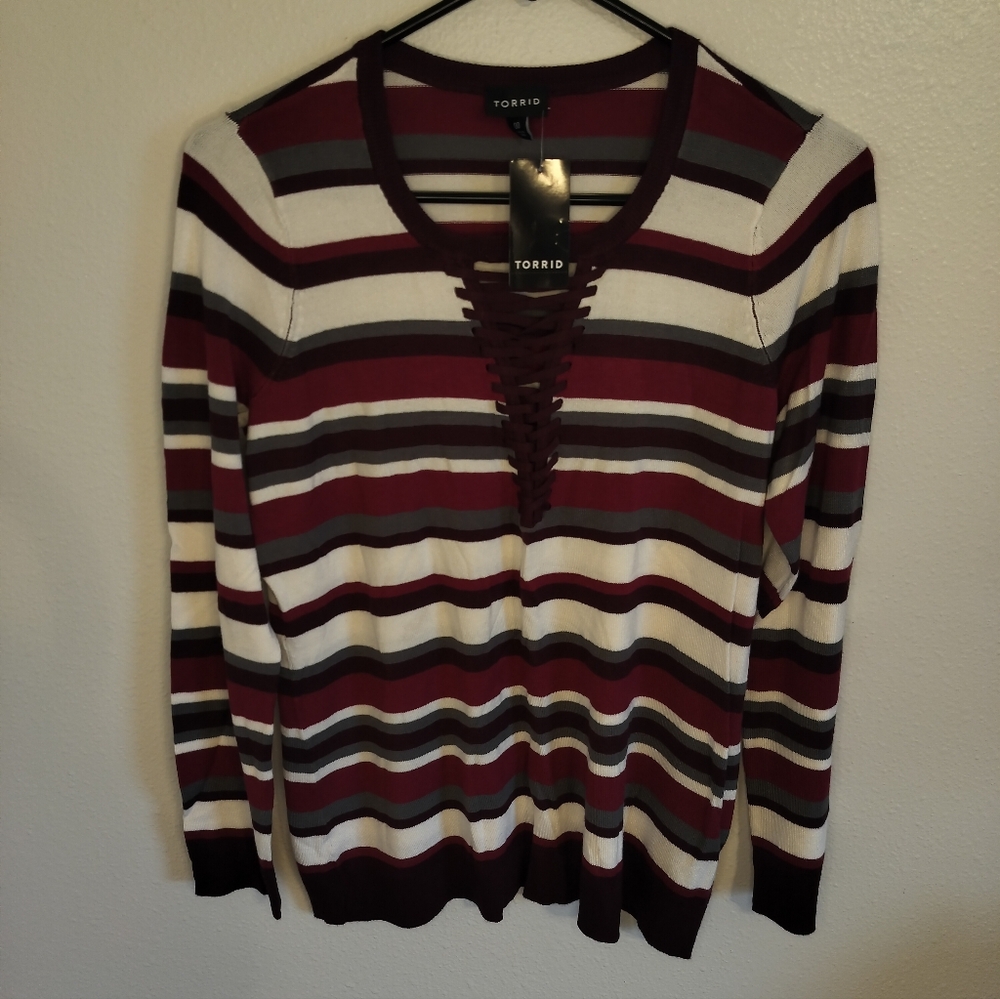 NWT Torrid Striped V-Neck Lace Up Pullover sweater Size‎ M/L  Preppy Y2K Casual